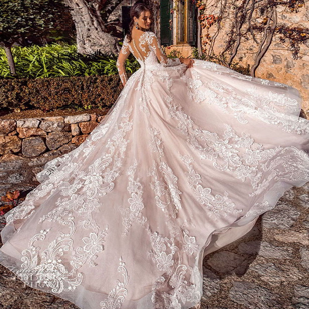 White Bridesmaid Dresses: Ball Gown Long Sleeves Wedding Dress For Bride Buttons
