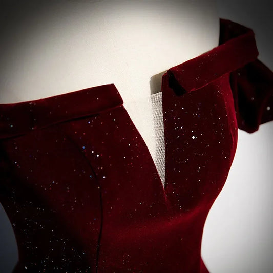 Evening wear Dresses: One-shoulder Wine Red Velvet Evening Dress