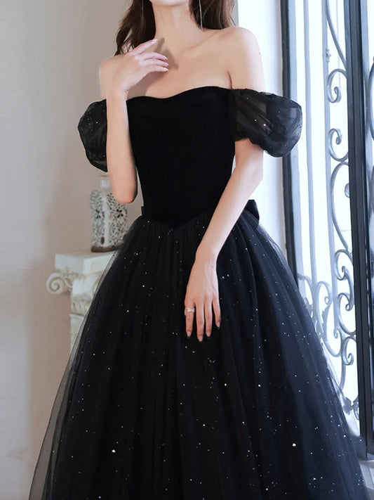 Homecoming Dresses: Women Evening Dress Puff Sleeve Boat Neck Cross Lace Up