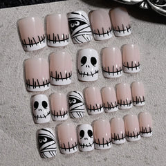 24Pcs Halloween Little Ghost Press on Fake Nails Creative French Design Short Square