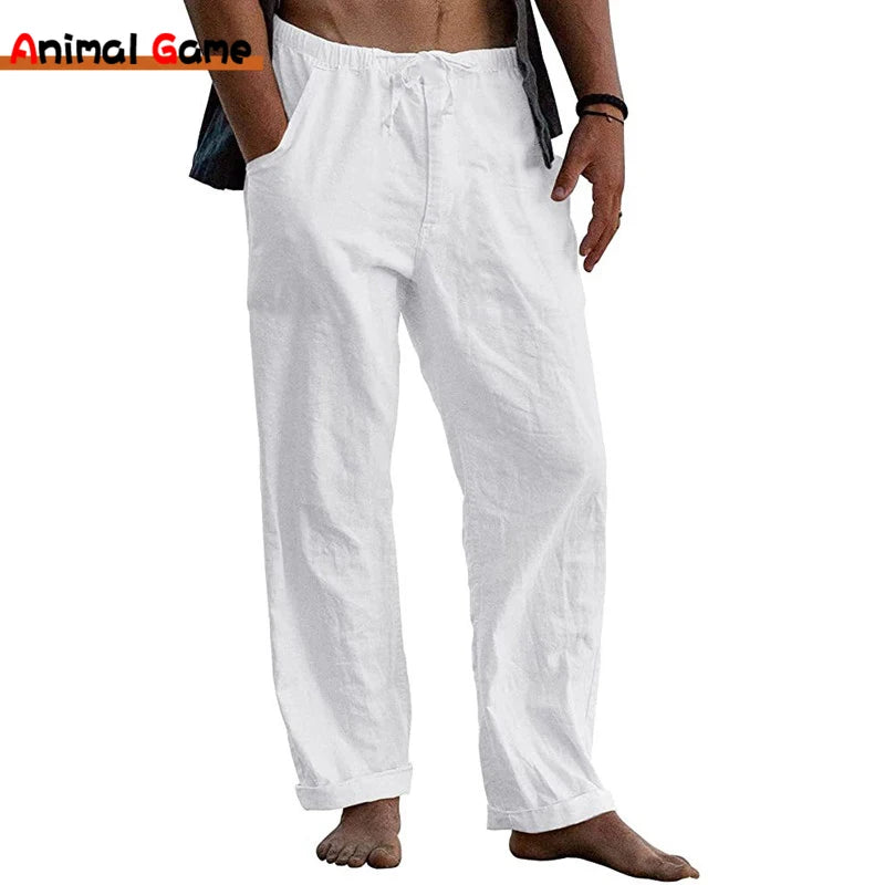 Men's Cotton Linen Pants Male Autumn New Breathable Solid Color Linen Yoga