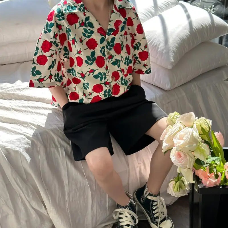 2-11T Kids Boys Clothes Floral Pattern Boy Cotton Blouse Shirt + Short 2pcs Outfits Boy Summer Party Birthday Handsome Clothing