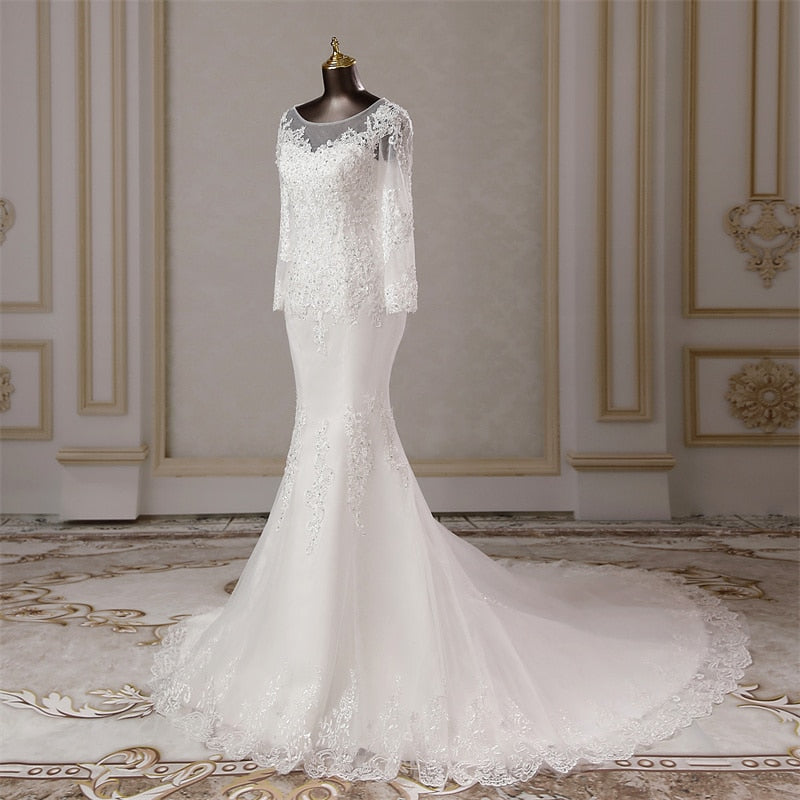 White Bridesmaid Dresses: Elegant long sleeves applique mermaid Wedding dresses