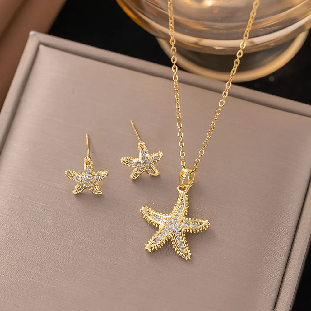 Stainless Steel Golden Inlaid Zircon Starfish Ocean Style 2pc Necklace Earrings Set Lady Fashion Waterproof Jewelry
