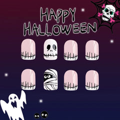 24Pcs Halloween Little Ghost Press on Fake Nails Creative French Design Short Square