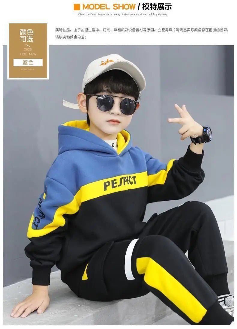 Boys Clothes Set Kids Letter Print Hoodies+Pants 2pcs Tracksuit Teenagers Thick Costume 4 To 14Yrs Big Children's Clothing Suits