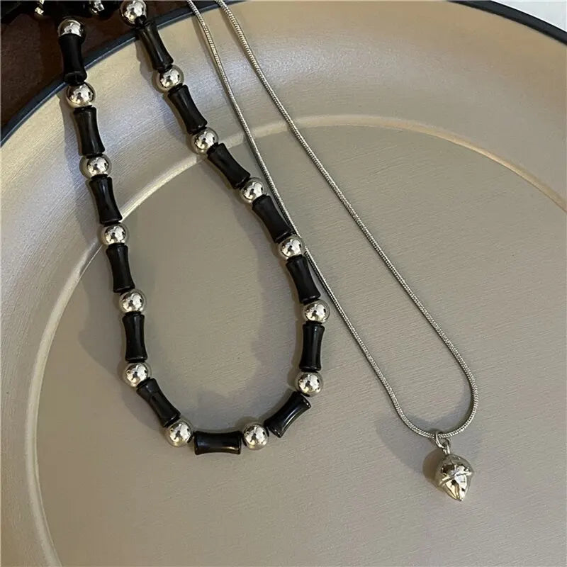 2 Pcs Vintage Peace Buckle Pendant Necklaces Natural Stone Beads Chains Choker Necklace Set Women Men Chinese Style Jewelry