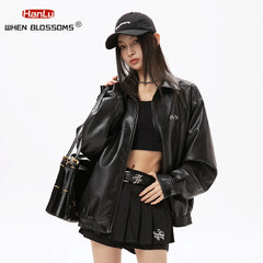 Metal Printed Black PU Leather Jacket for Men and Women, Trendy Brand