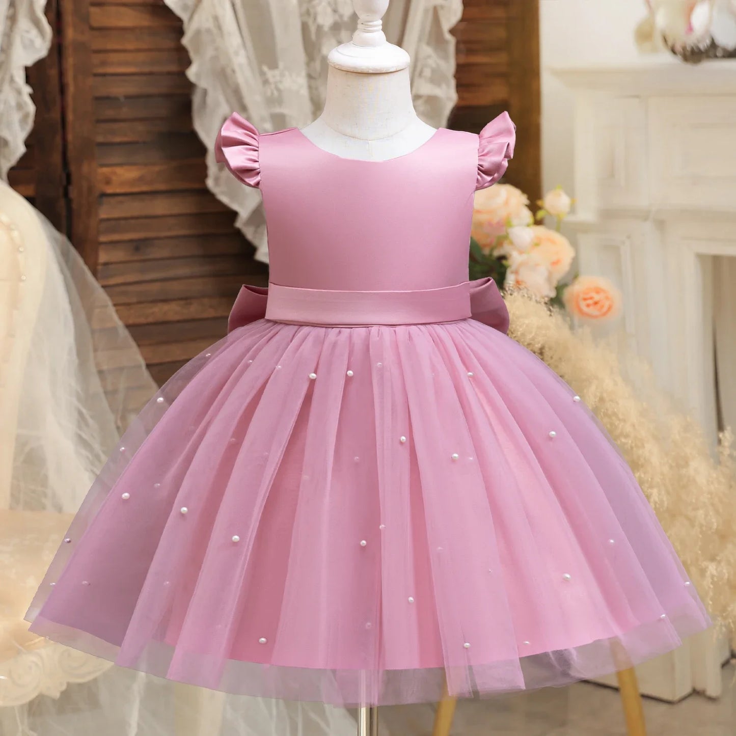 Elegant Pink Fluffy Girl Dresses Birthday Tulle Sleeveless Bow Pearls Princess Wedding Party Gown Kids Piano Performance Costume