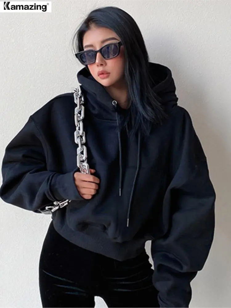 Winter Women Solid Fleece Hoodies Clothing Long Sleeve Tops Loose Pocket Hooded