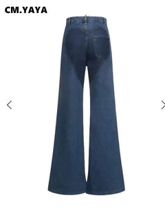 CM.YAYA Women Streetwear Cutout Hollow Out Criss Cross Straight Flare Denim Pants 2023 INS Fashion Wide Leg Jeans Trousers