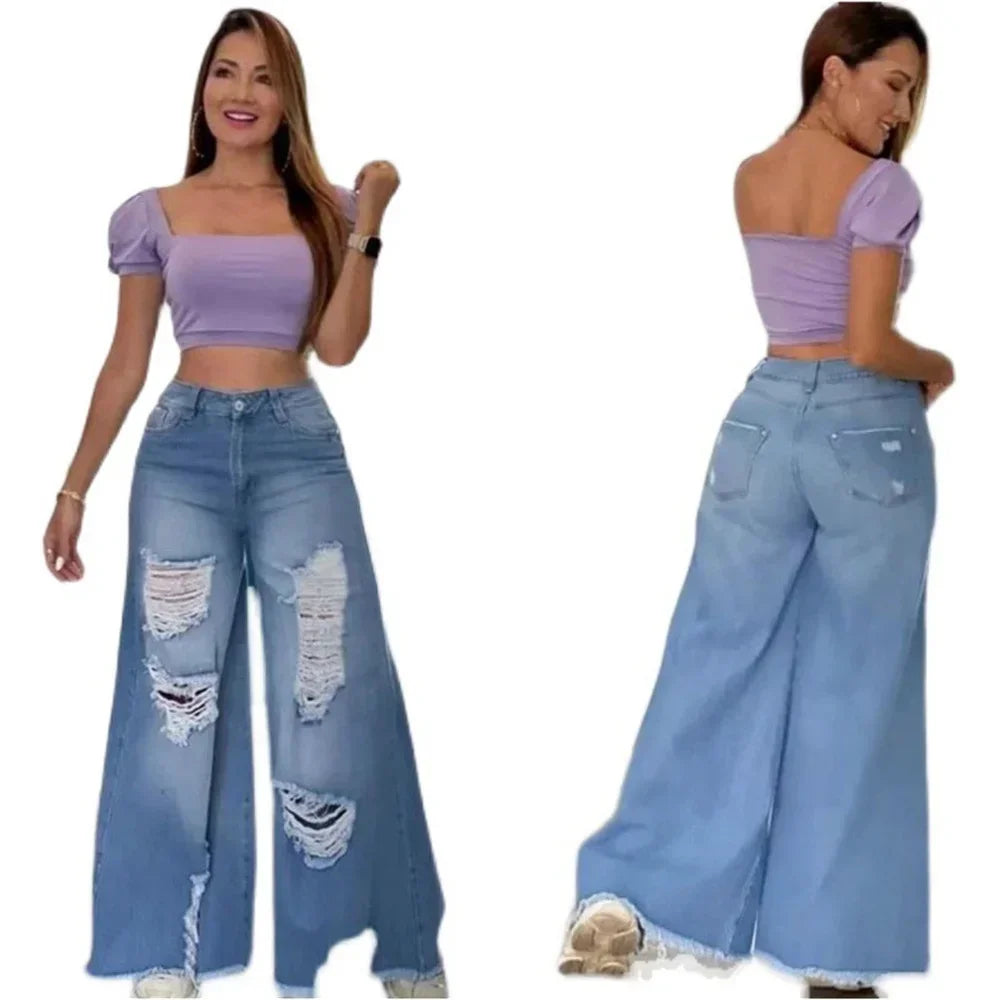 Straight Pants Ladies Ripped Jeans High Waist Loose Wide Leg Pants
