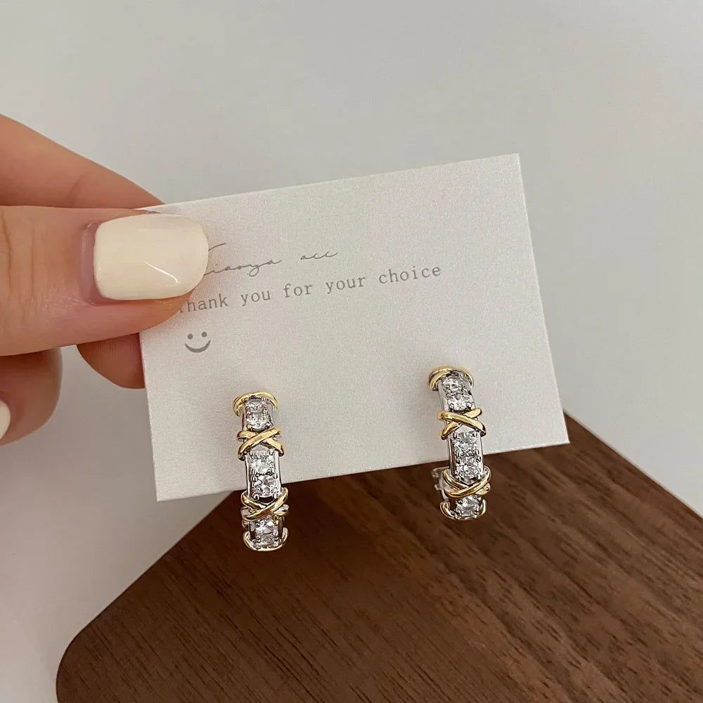 Vintage CC Design Stud Earrings for Women Korean Fashion X Cross Zircon Earring Engagement Jewelry Gifts Wholesale