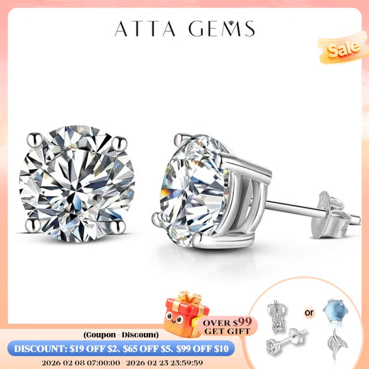 ATTAGEMS 2 Carat 8.0mm D Color Moissanite Stud Earrings For Women Top Quality 100% 925 Sterling Silver Sparkling Wedding Jewelry