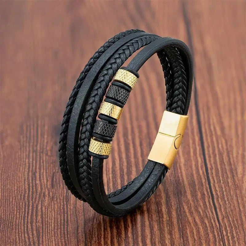 Punk Men Leather Bracelet with Stainless Steel Magnetic Clasp Braided Mutilayer Leather Wrapping Bangles Man Jewelry Gift