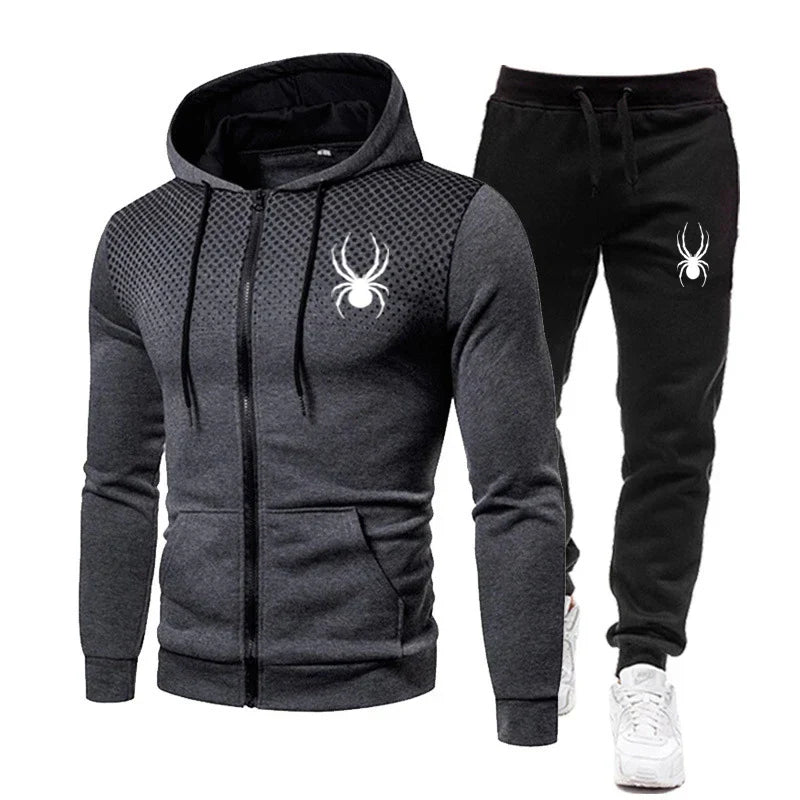 2025 Spring Winter spider print zipper long-sleeved hoodie + stretch waist pants two-piece men's sports jogging fitness suit