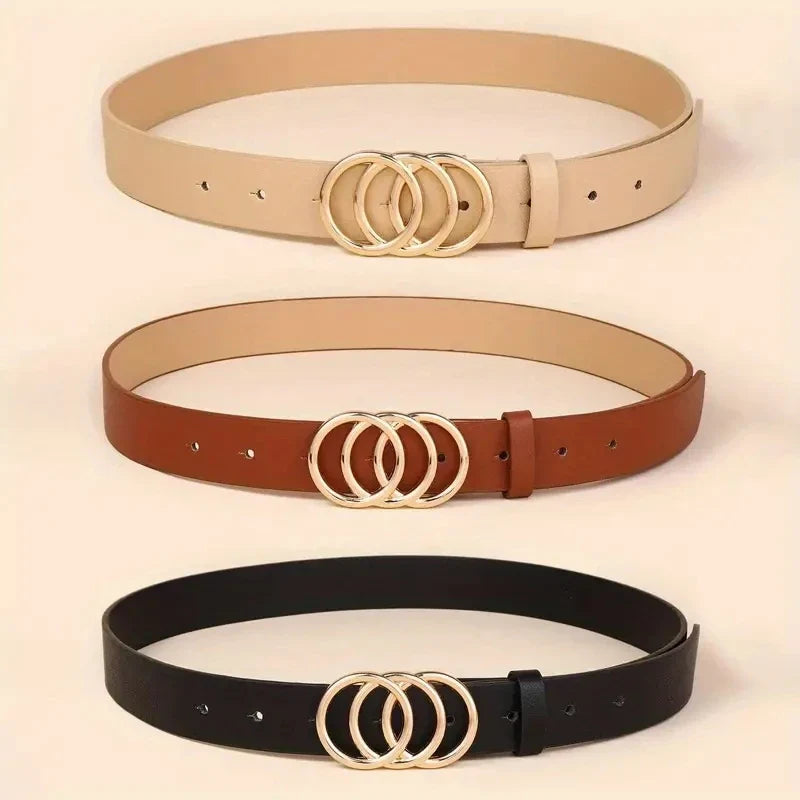 Golden Triple Ring Buckle Belts Simple Solid Color PU Leather Waistband Classic Jeans Pants Belt Dress Coat Girdle For Women
