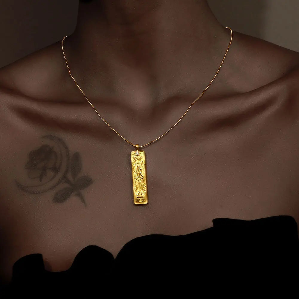 E.B.belle 18k Gold Plated Rectangle Shape 12 Constellation Pendant Necklace Stainless Steel Waterproof Fashion Women's Jewelry