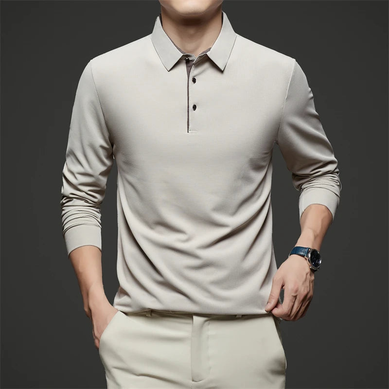 New Men's Business Casual  Long Sleeve Solid Color Polo Shirt Fashionable Warm Comfortable Four Seasons Versatile Top