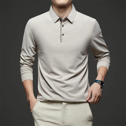 New Men's Business Casual  Long Sleeve Solid Color Polo Shirt Fashionable Warm Comfortable Four Seasons Versatile Top