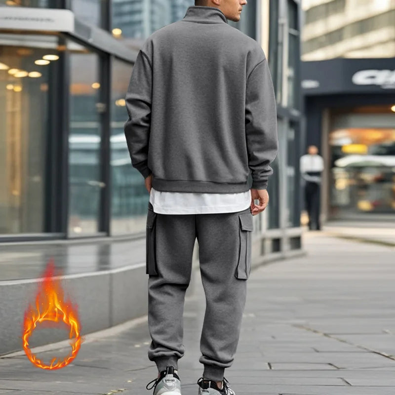2024 autumn and winter men's casual velvet warm zipper sports trousers set