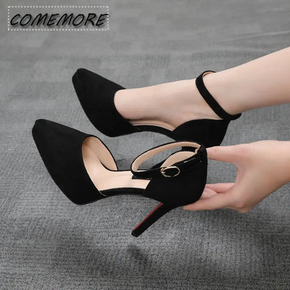 2024 Summer Ankle Straps Womens Shoes Sandals 10 Cm Sexy Pointed Toe Platform Pumps Leather Classic Ladies High Heels Size 34-39