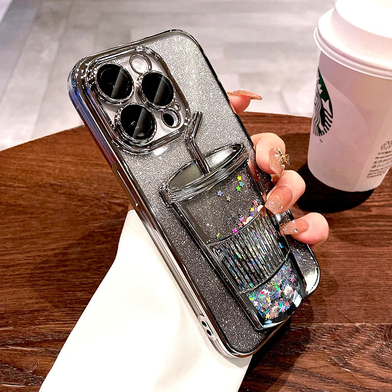 Bling Case For iPhone 16 15 14 13 12 Pro Max 15Pro 14Pro Lovely Clear Transparent Straw Cup Cover Insert Glitter Paper