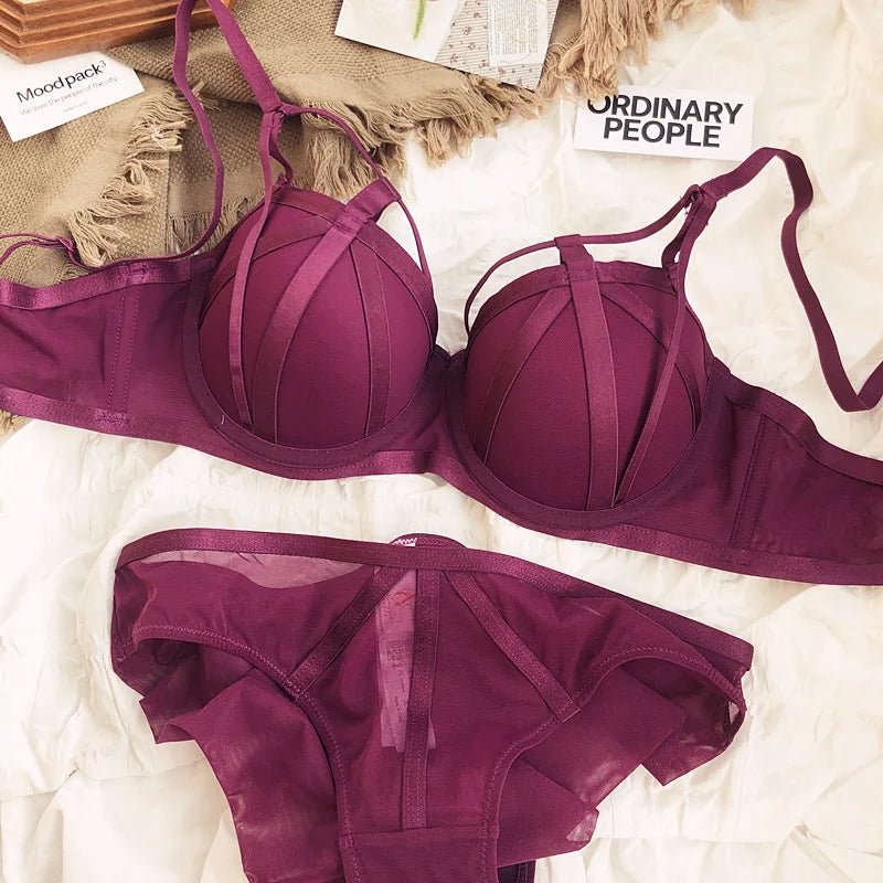 Women Lace Underwear Hollow Push Up Bra Set Classic Bandage Lingerie