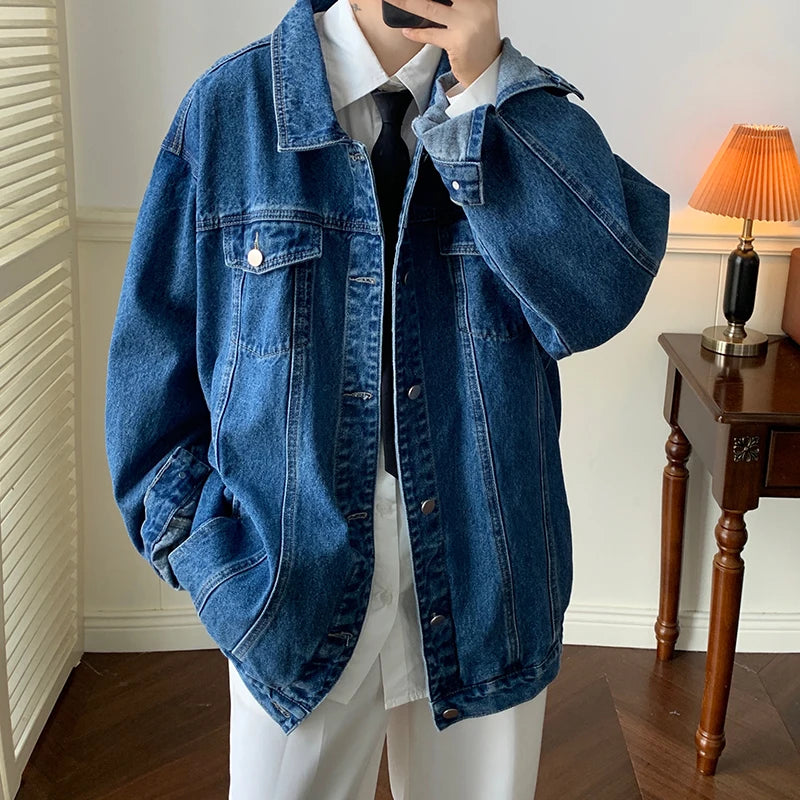 Plus Size 5XL-M Black Denim Jacket Mens Turn Down Collar Jeans Coats