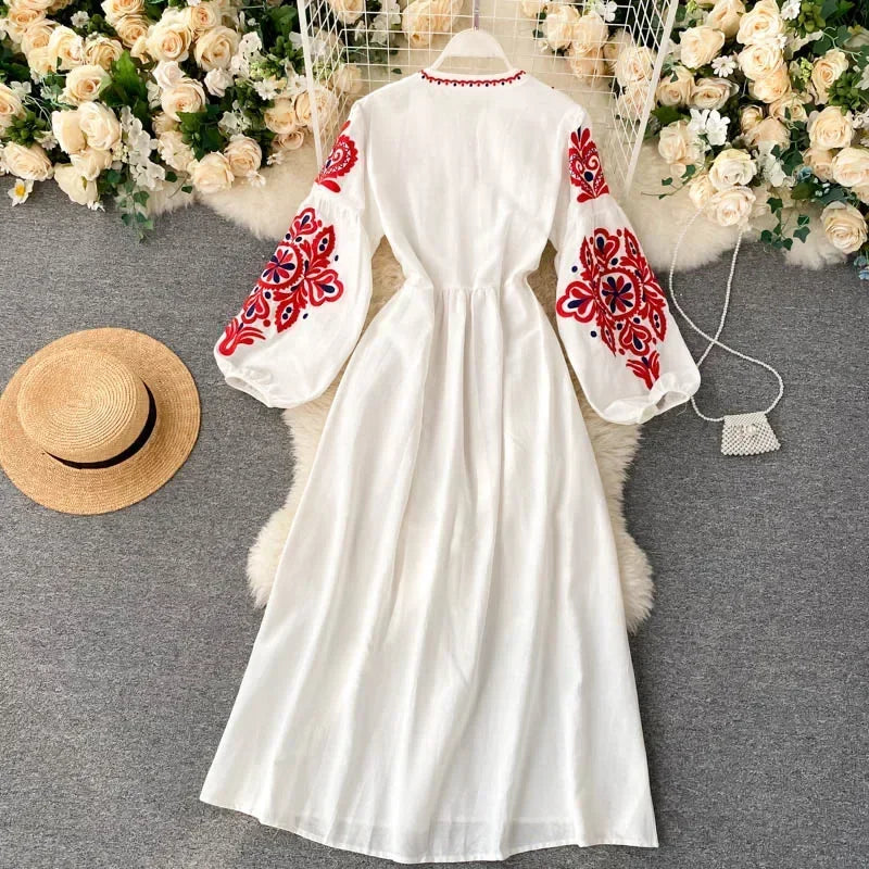 Bohemian Dress for Women O-neck Floral Embroidery Lantern Sleeve Dresses Ethnic Style Folds Holiday Beach Vestido Loose Dropship