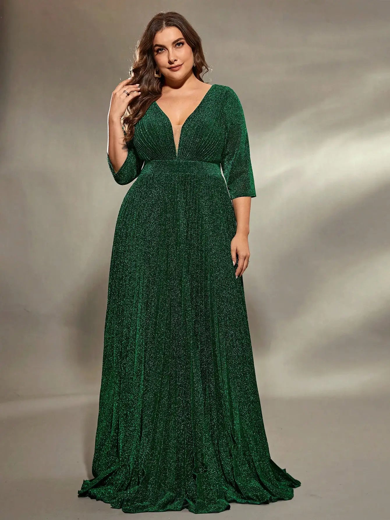 Mgiacy plus size V-neck pleated sequin maxi gown Evening gown Ball dress Party dress Bridesmaid dress