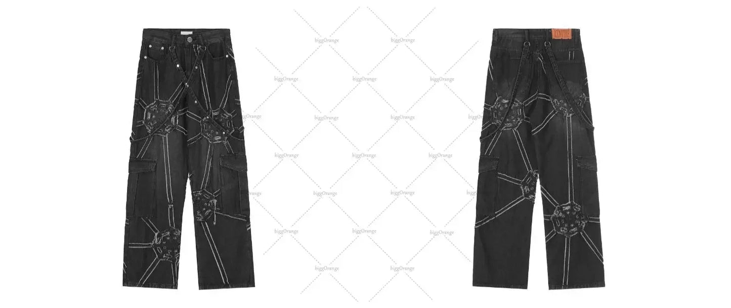 Splicing Jeans Men Pants High Street Vibe Straight Wide-leg Trousers