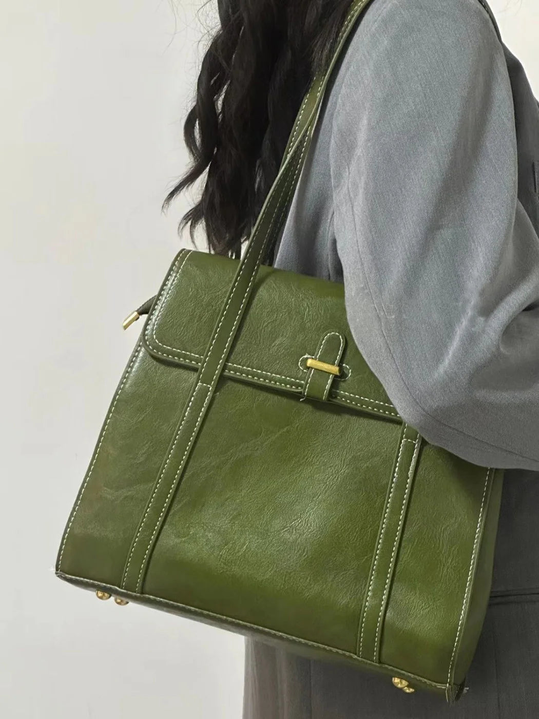 Green Vintage Handbags Women High Street Pu Leather Large Capacity