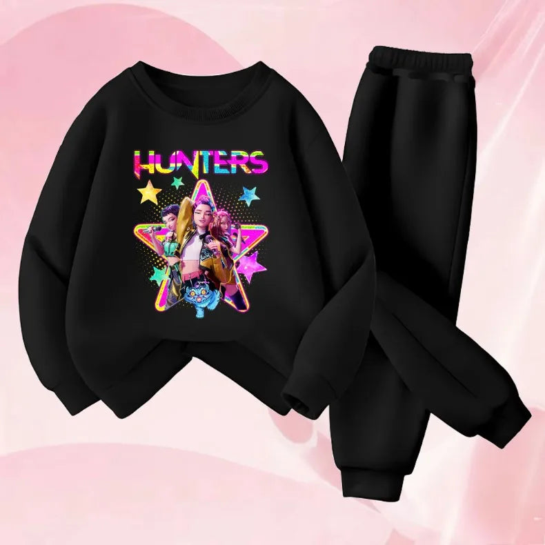 K-POPcartoon Printed Spring Autumn Girls O Neck Hoodies Sets Children Sweatshirt Sweatpant 2pcs Suit Kids Casual Pullover Set