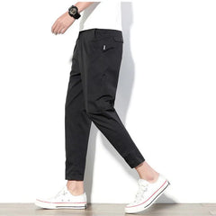 Ice Silk Thin Style Summer Casual Pants Men's Solid Pocket Elastic Waist Versatile Slim Ankle Length