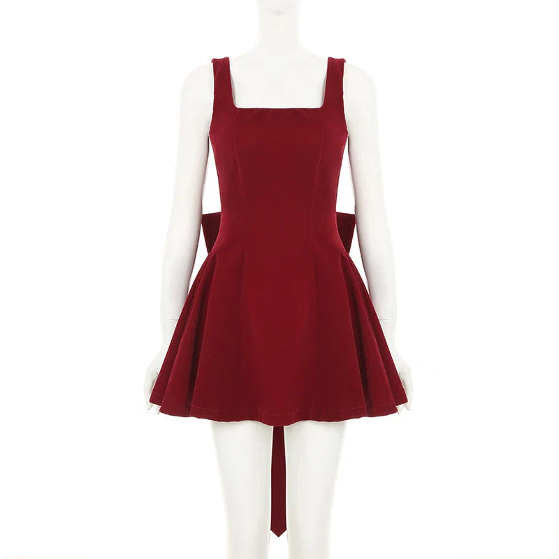 BKLD Fashion Red Bowknot Mini Dress Straps Square Collar Sleeveless Backless Vintage Cute Ladies Slim Party Short A-line Dresses