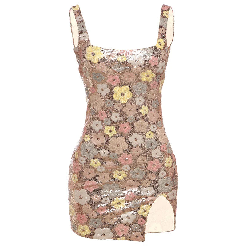 Weird Puss Colorful Flower Print Mini Dress Women Sequins Patchwork Skinny Backless Sleeveless Vacation Trend Elegant Outfits