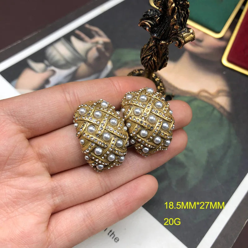 NISHIZAWA Pearls Stud Earrings for Women Inlaid Rhinestones Palace Style Elegant Jewelry Geometric Hyperbole Aretes De Mujer