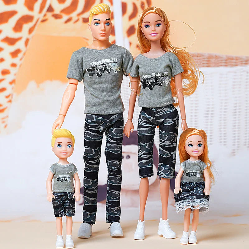1/6  FamilyDoll Toy Set of 4 People Mom Dad Kids 30cm Barbies Doll Full Set With Clothes for Education Birthday Gift