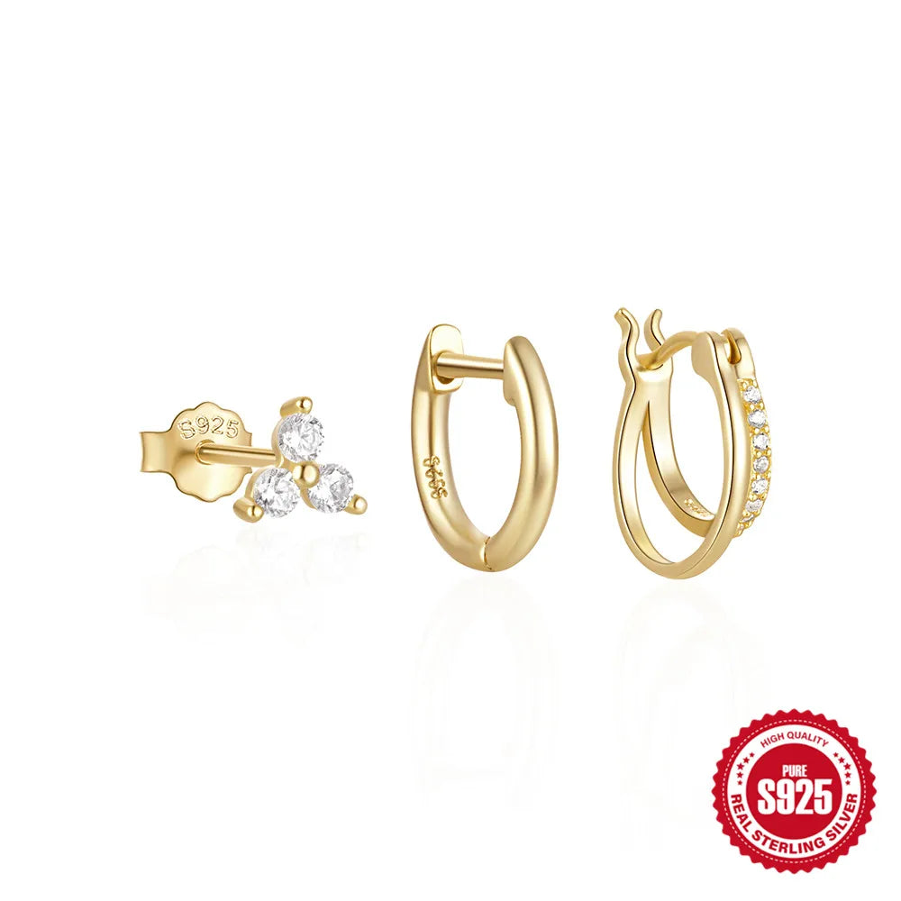 Aide 3pcs Set 925 Sterling Silver Double Gold Hoop Mini Zircon Stud Earrings For Women Hypoallergic Elegant INS Piercing Jewelry