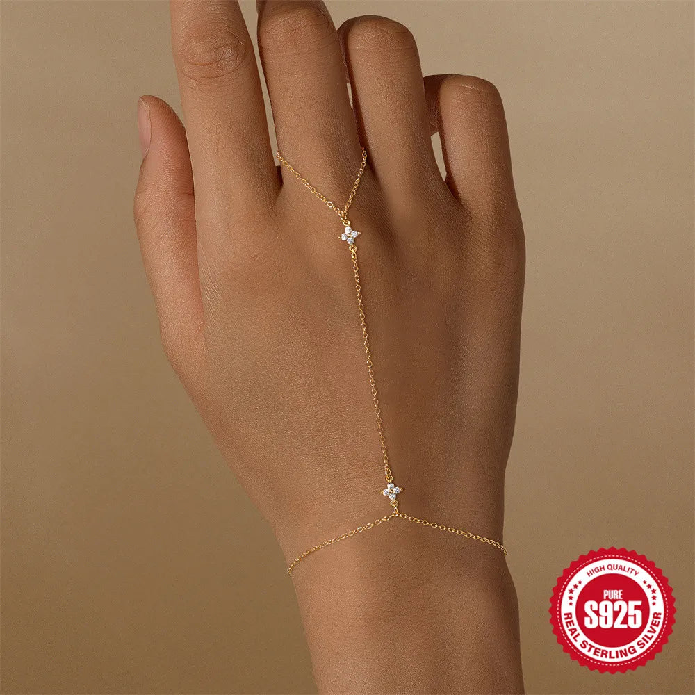 CANNER 925 Sterling Silver Flower Clover CZ Finger Ring Chain Bracelet For Women Ins Hand Chain Horse Eye Jewelry Party Gift