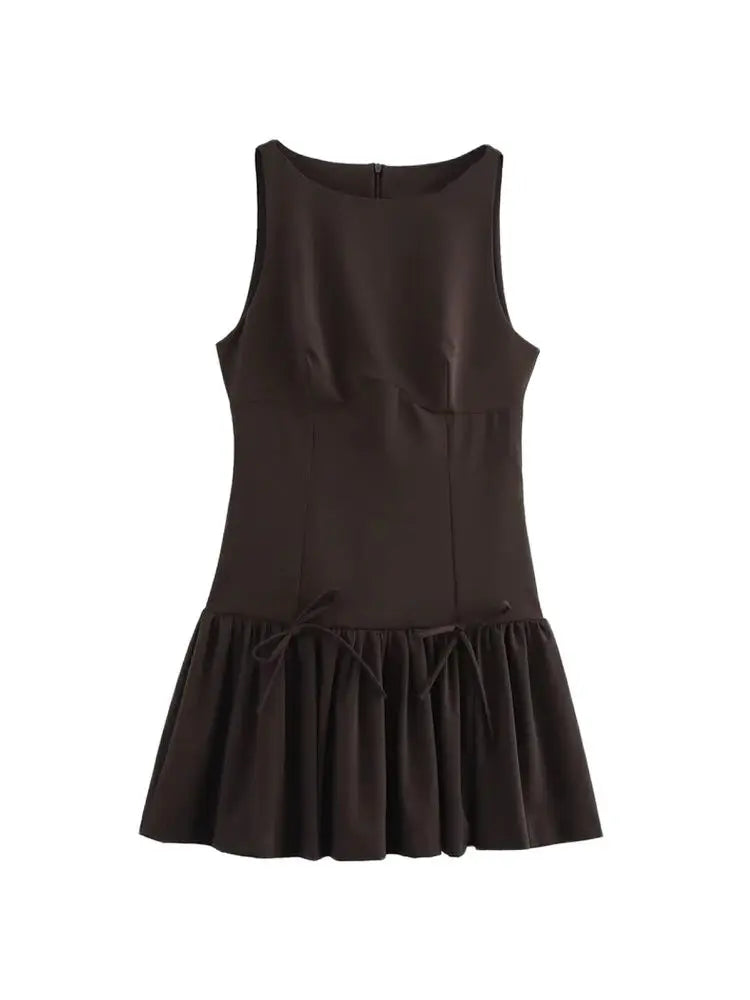 Women's Ruffled Mini Dress with Bows, O Neck, Sleeveless, Back Zipper, Female Dresses, Chic Fashion