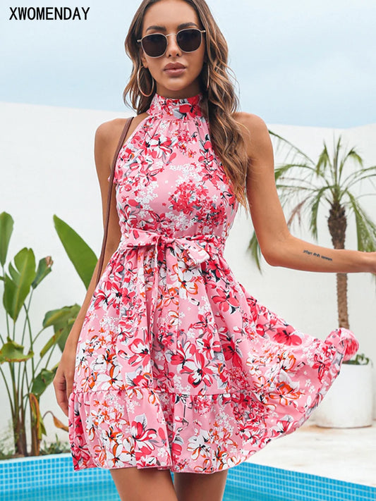 Summer Chiffon Dress Women Floral Print Ruffle Bandage Holiday Beach