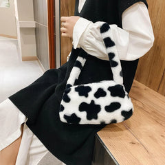 1Pc Fashion Women Cow Print Mini Shoulder Bag Women Winter Plush Armpit Bag