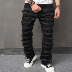 Ripped Jeans Pants Male Loose Straight  Solid Casual Denim Trousers