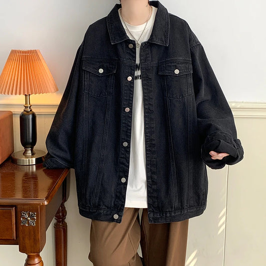 Plus Size 5XL-M Black Denim Jacket Mens Turn Down Collar Jeans Coats
