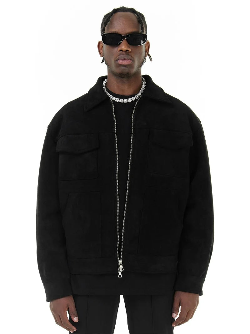 Autumn Jackets Casual Clothes High Street Pockets Laper Zipper Suede Thick Coat