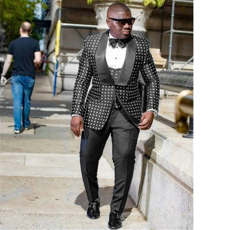 Tuxedo for Mens: Black Check Dots Men Suits Slim Fit for Wedding 3 Pieces