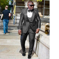 Black Check Dots Men Suits Slim Fit for Wedding 3 Pieces African Groom Tuxedo