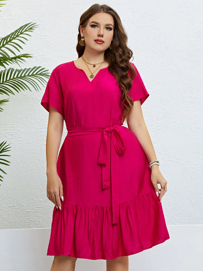 Plus Size Summer New Style Short Sleeve V-neck Solid Elegant Dress For Women Outfits Casual A-line Party Large Size Midi Dresses